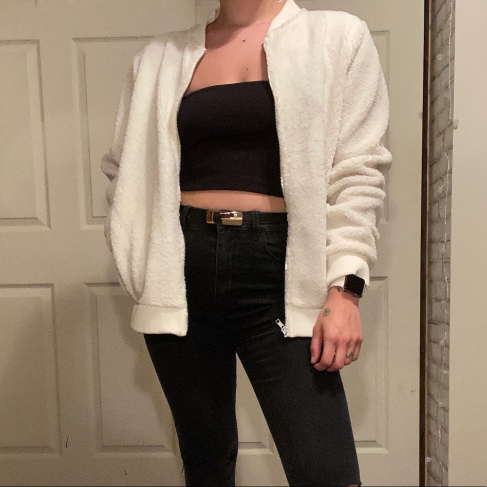 Fuzzy white zip up sweatshirt